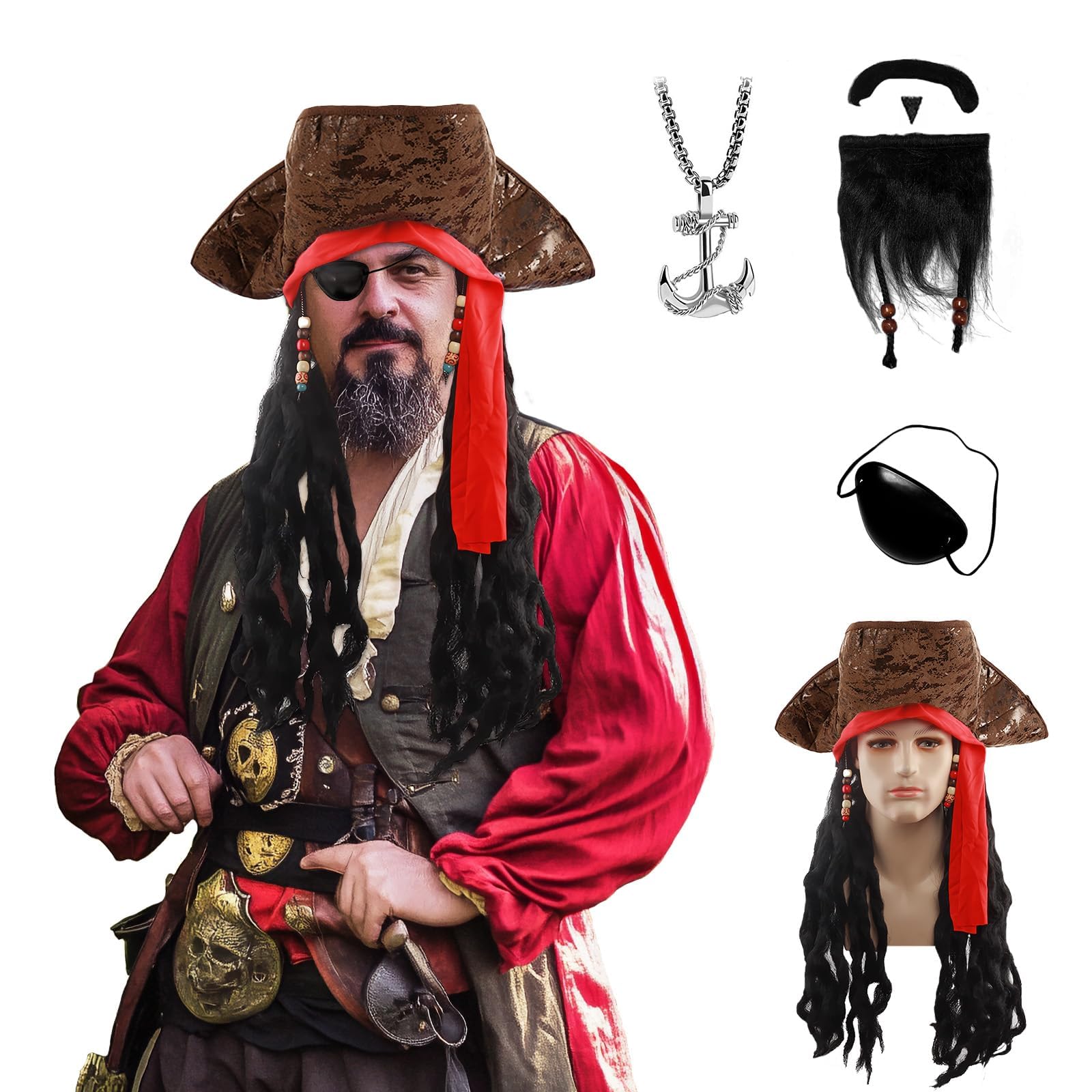LBOYLOVE® 6 Pcs Pirate Costume Accessories for Men's Cosplay, Halloween With Hat, Eye Patch and Earring, Medieval Dress Up for Theme Party