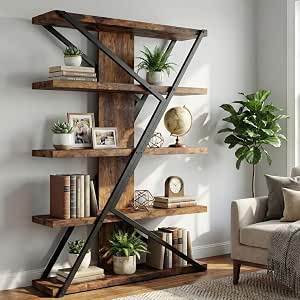 FUSUNBAO 5-Tier Industrial Bookshelf, Tall Wood and Metal Bookcase,Brown