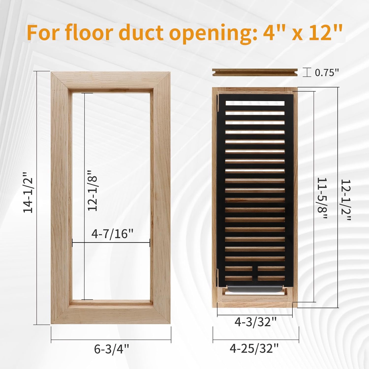 Oak Floor Register for 4x12 Inch Duct Holes - Flush Mount Floor Vent with Metal Damper - White Wooden Vent Covers for Home Floor - 0.8 Inch Thickness - Unfinished - 2PCS
