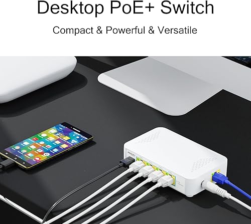Miniatura 2 de Conmutador PoE Gigabit de 5 puertos con 4 puertos PoE+ y 1 puerto USB-C 5V2A, conmutador Ethernet PoE pequeño de 4 puertos de salida compatible con