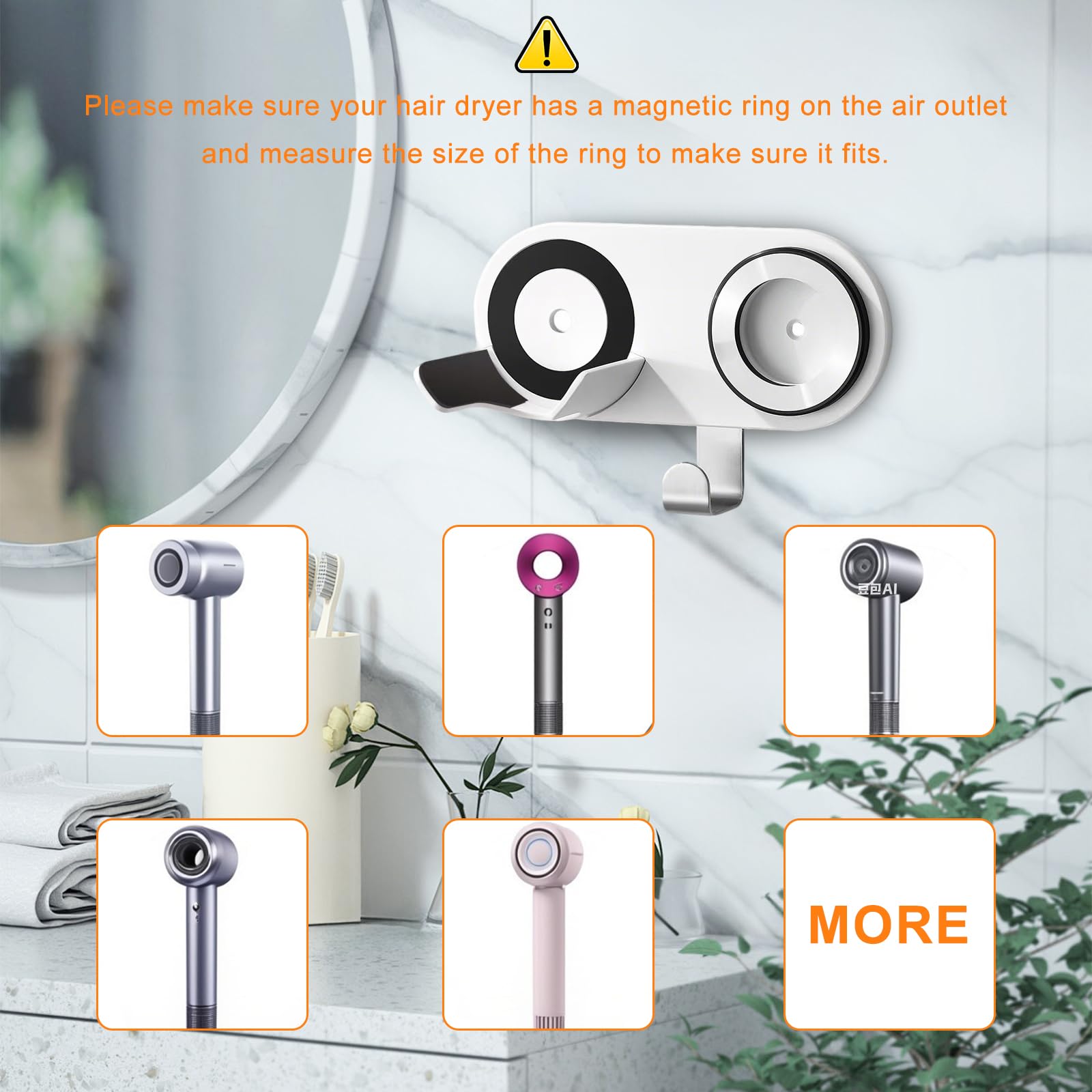 Supporto da parete per asciugacapelli compatibile con Dyson & Laifen, supporto adesivo per tutti gli asciugacapelli magnetico ad alta velocità, con gancio organizer per cavo e tappetino