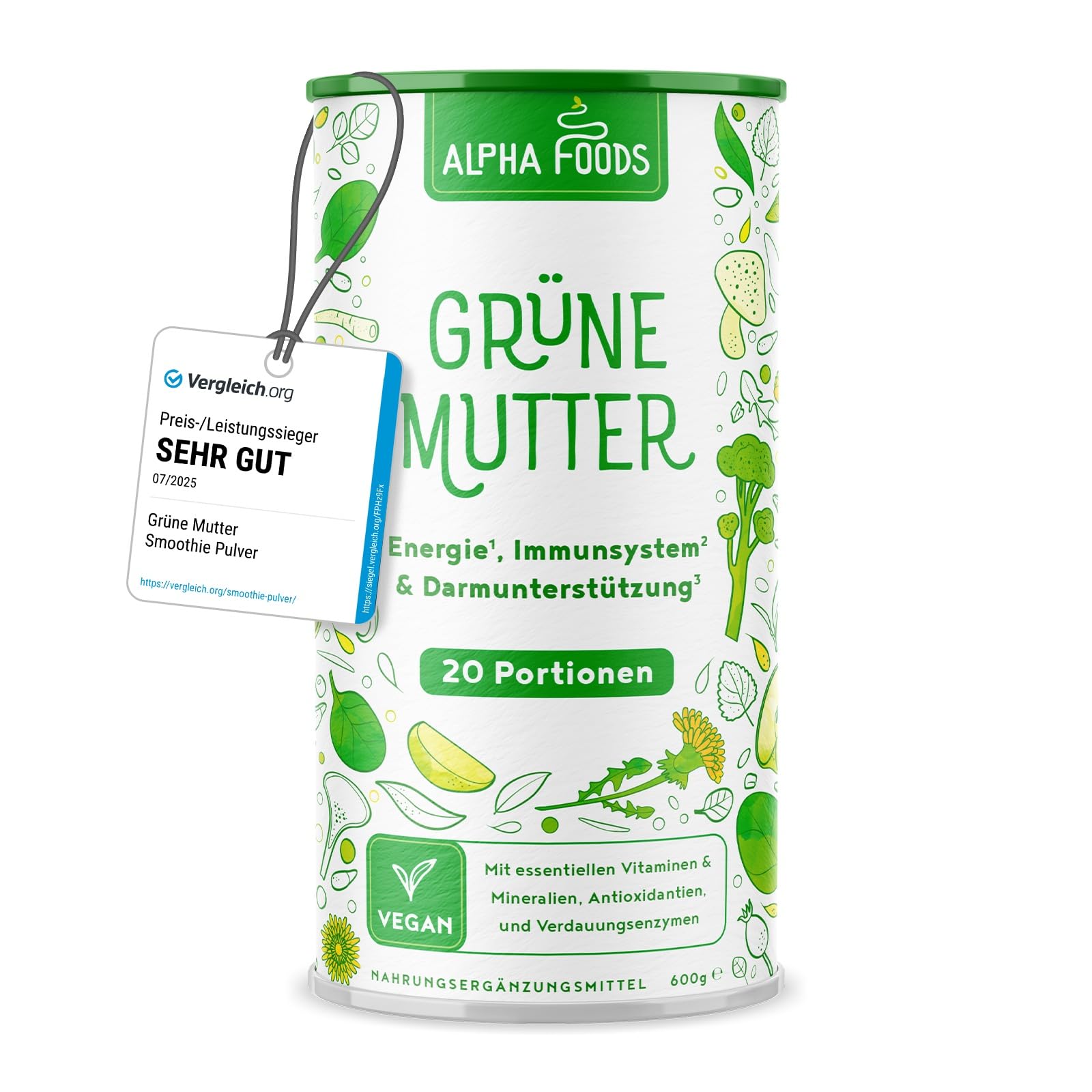 Grüne Mutter 2.0 - Das Original - Greens Shake - Akazienfaserpulver, Weizengras, Brennnessel, Mariendistel, Alfalfa, Chlorella und mehr - Smoothie Shake - 600g Pulver - Alpha Foods