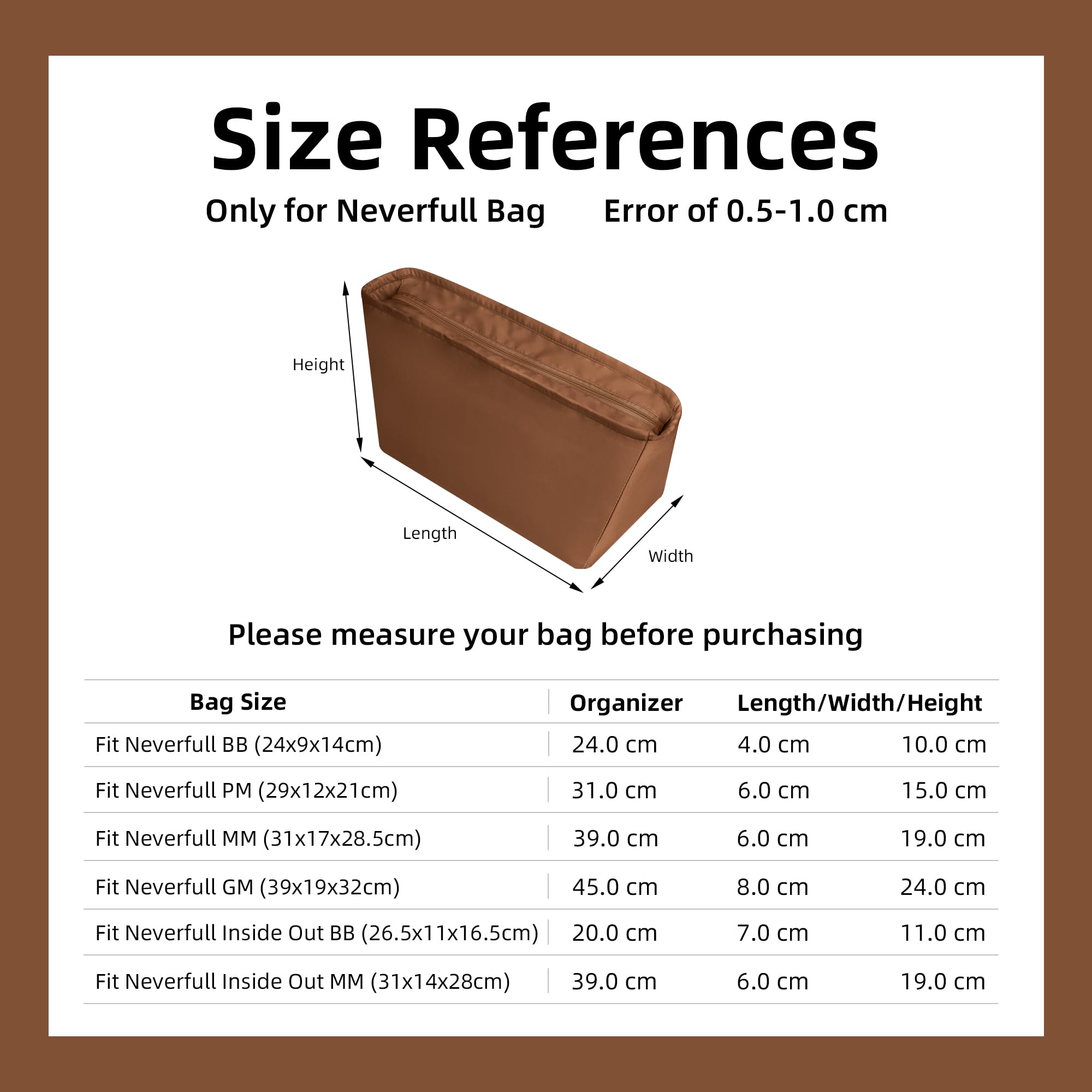 DGAZ Satén Organizador Interior para Neverfull GM con Cremallera, Gold
