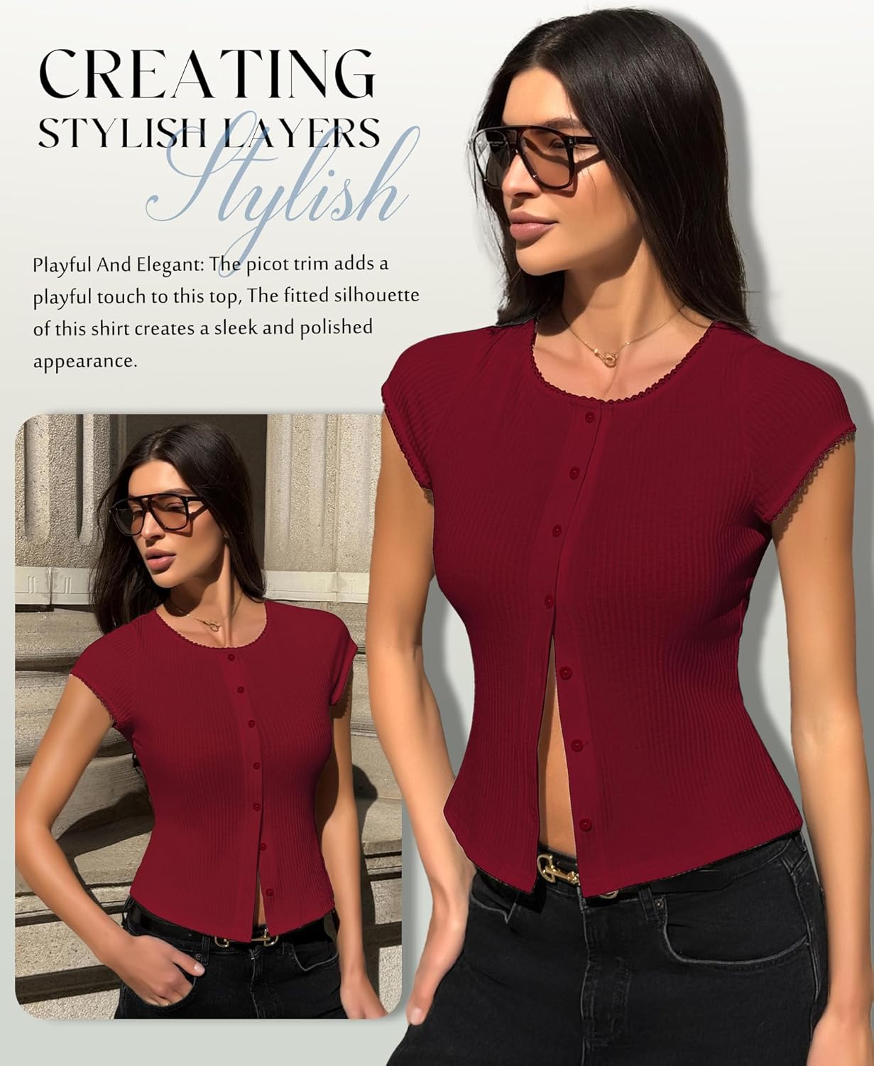 Tops for Women Dressy Casual - Crewneck Ribbed Knit Shirts Button Up Trendy Y2K Going Out Top Fashion Clothes - Image 3