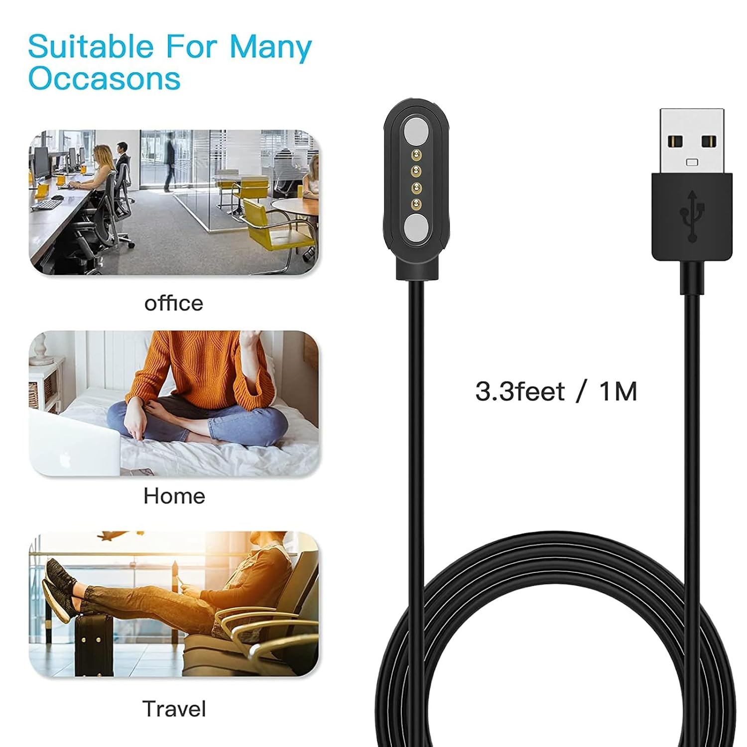 Lamshaw Compatible for PUBU Smart Watch Charger, Charging Replacement Cable Compatible for PUBU 1.46" Smart Watch (Type A-Black, 7.62mm 4pins Charger)