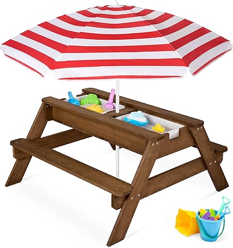 Vista 13 de Best Choice Products Mesa de arena y agua 3 en 1 para niños, mesa de picnic convertible de madera para exteriores con paraguas, 2 bandejas, parte