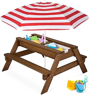Best Choice Products Kids 3-in-1 Sand & Water Table, Wood Outdoor Convertible Picnic Table w/Umbrella, 2 Trays, Removable Top, 220lb Capacity Per Bench -Walnut/Red