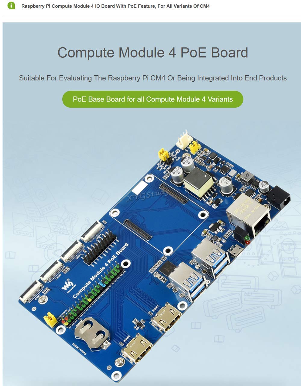 Raspberry Pi Compute Module 4 IO Board Support PoE Caratteristica per tutte le varianti di CM4 con porta HDMI/2x MIPI CSI Camera Port/DSI Display Port ecc @XYGStudy