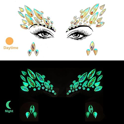 Miniatura 3 de Gemas faciales 4 hojas de joyas para la cara pegadas en diamantes de imitación, calcomanías de cristal luminoso, piedras preciosas temporales de