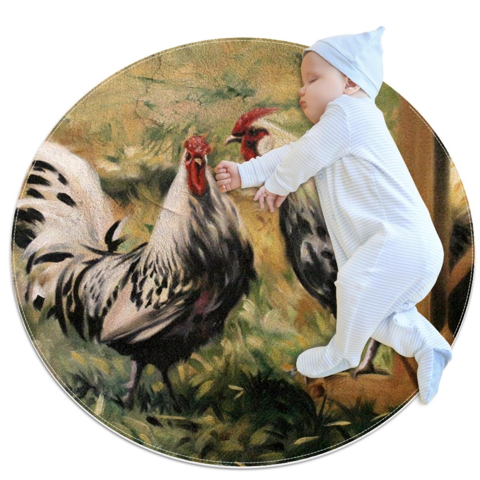 Tapis de salle de bain rond 1m imprimé coq et camomille pour chambre d'enfant