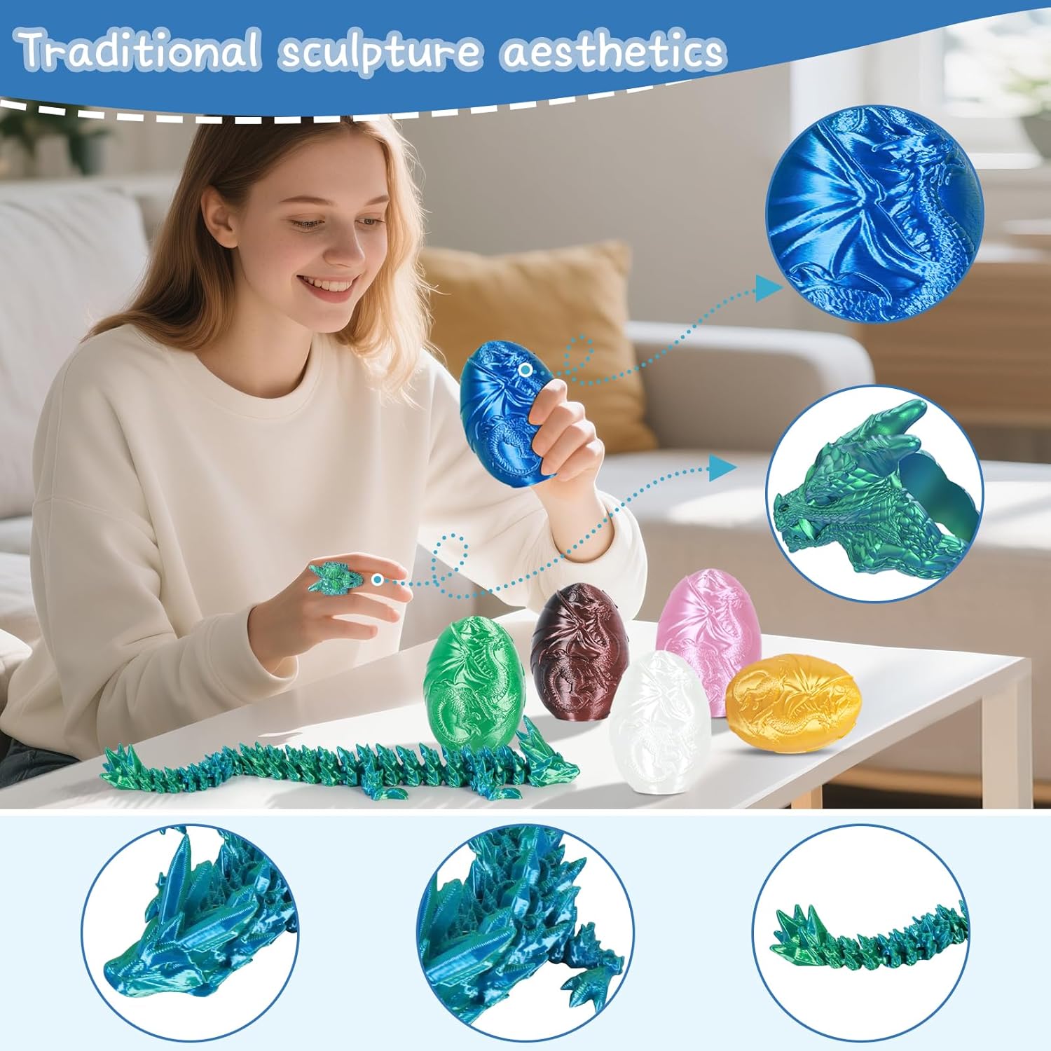 3D Printed Dragon Egg with Engraved Western Dragons - Surprise Gift Set with Articulated Crystal Dragon and Ring, Fidget Sensory Toys for Kids, Birthday Halloween for Boys and Girls