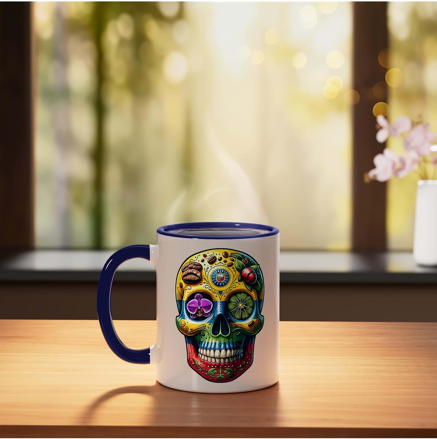 Sugar Skull Colombia Day of the Dead USA Mexico Lovers Ceramic Mug, Dark Blue/White, 11oz image 3