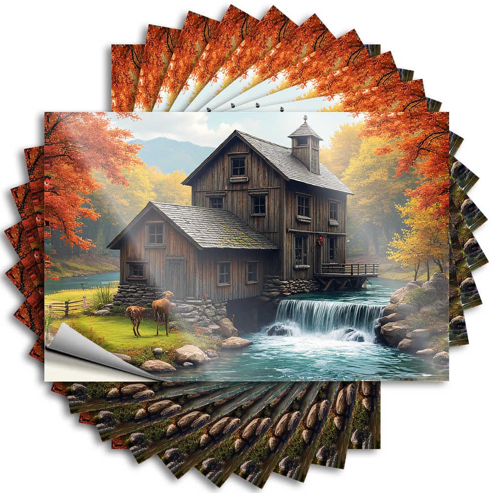 Smiley Face, Tattoos Wall Autumn Serenity: A Rustic Mill By The River | Taupe Coffee Bar Decor(8X12CM)