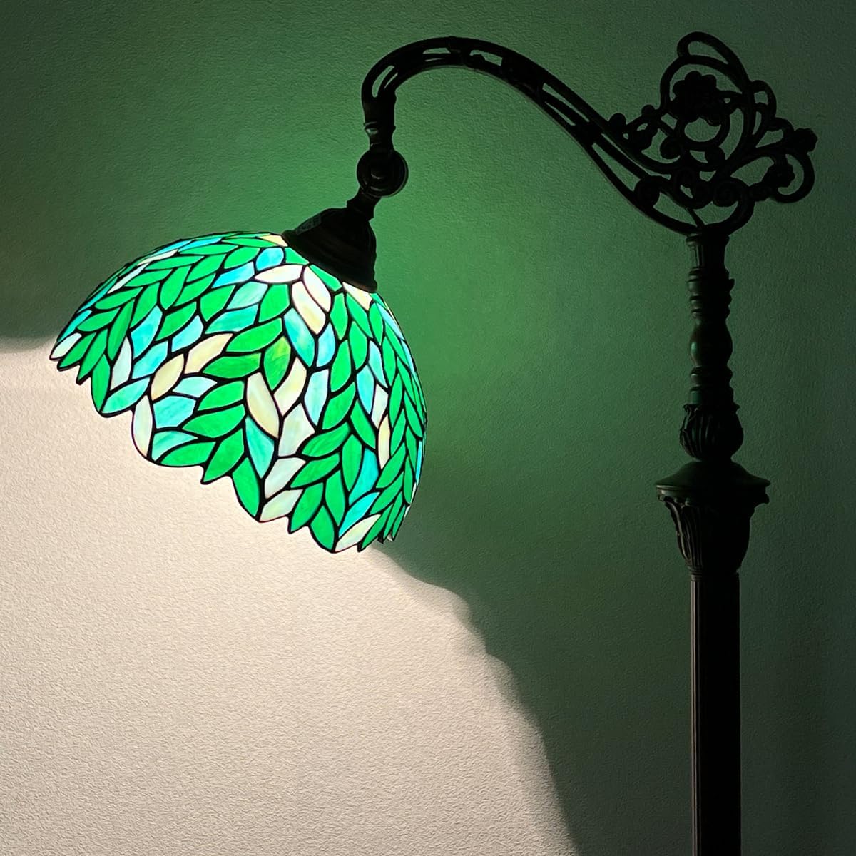 Tiffany Reading Floor Lamp,Stained Glass Gooseneck Floor Light for Reading,Antique Style Green Wisteria Tall Standing Pole Lamp for Living Room Bedroom and Office