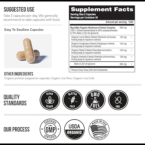 Miniatura 3 de MycoMax Complejo de hongos - 70% beta-glucanos, suplemento de hongos de máxima potencia, cultivo en Estados Unidos + extracción ultrasónica - Melena