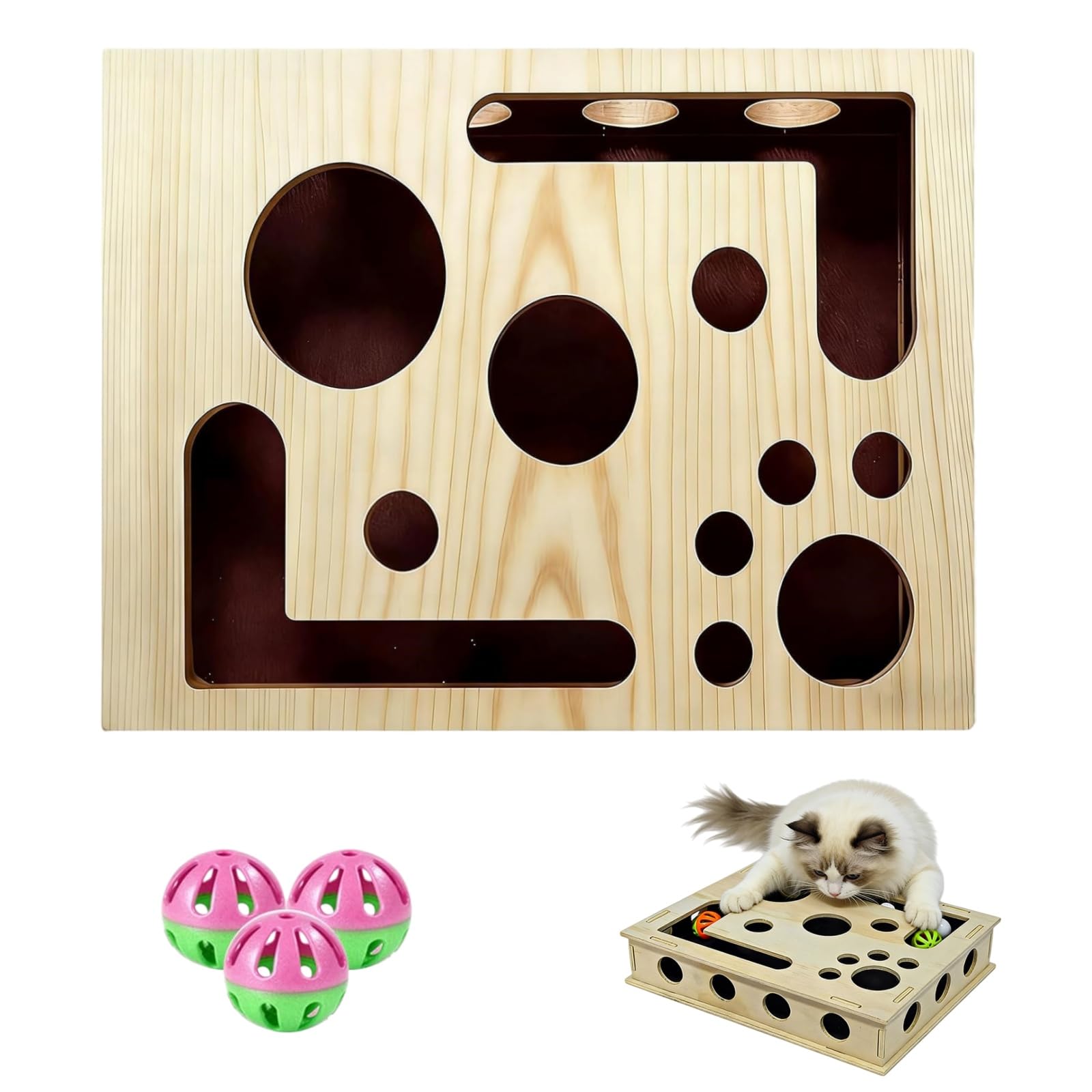 Cat Nail File Enrichment Box, Interactive Cat Puzzle Toy Nail File Scratcher Wooden Scratch Boxes Sandpaper 3 Bell Balls for Indoor Kitten Scratching