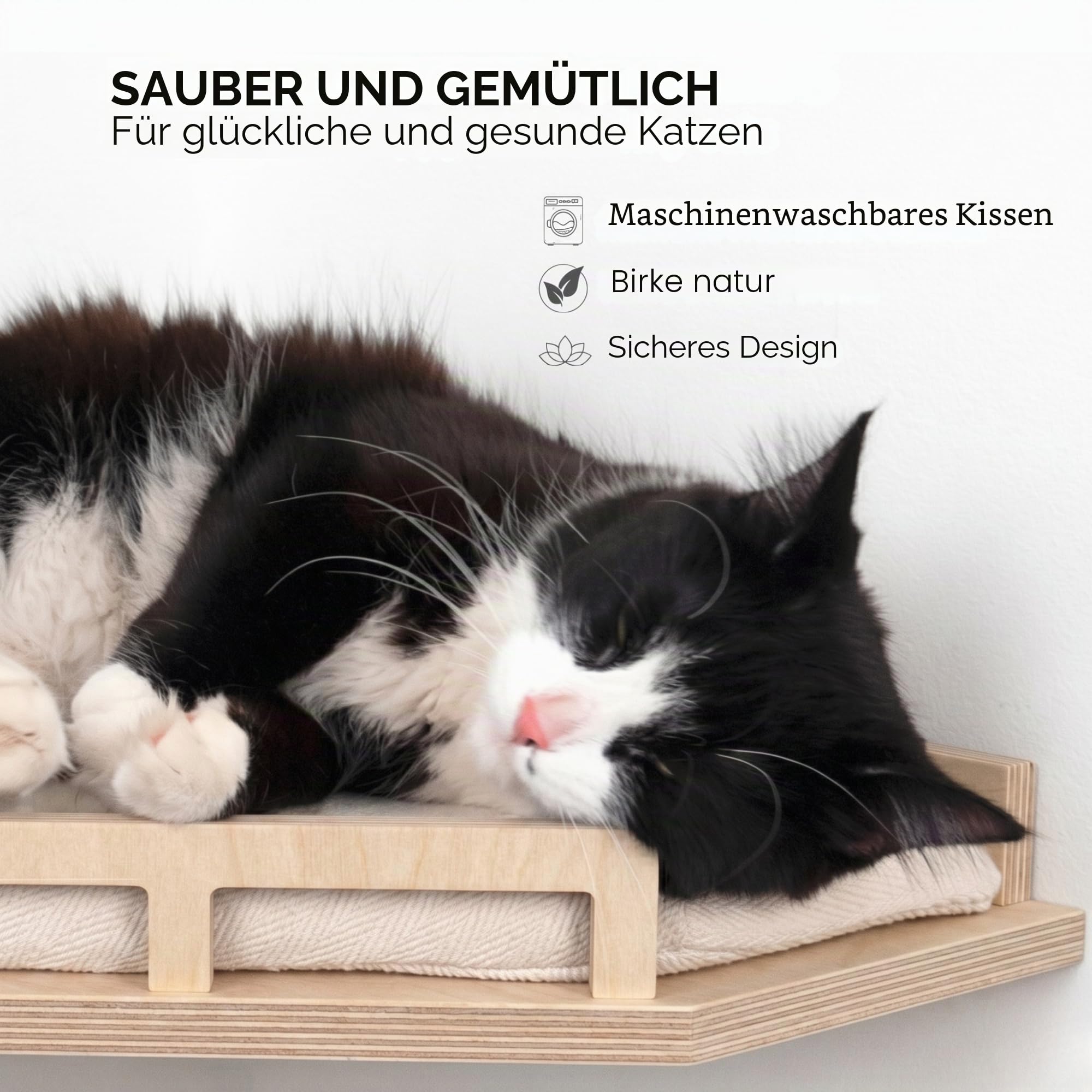 INICIO Katzen-Wandregal, sichere und stabile Katzenwandmöbel, stilvolles Eckregal aus Birkenholz, 3 Stufen für Katzen bis 8 kg, gepolsterte Sitzstange und Treppen zum Klettern und Spielen