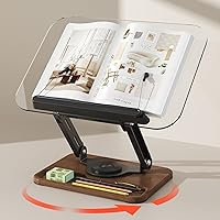 Vista 9 de BYMECOST Soporte de acrílico para lectura, soporte ajustable para libros con base giratoria de 360° y clips elásticos para páginas, soporte elevador