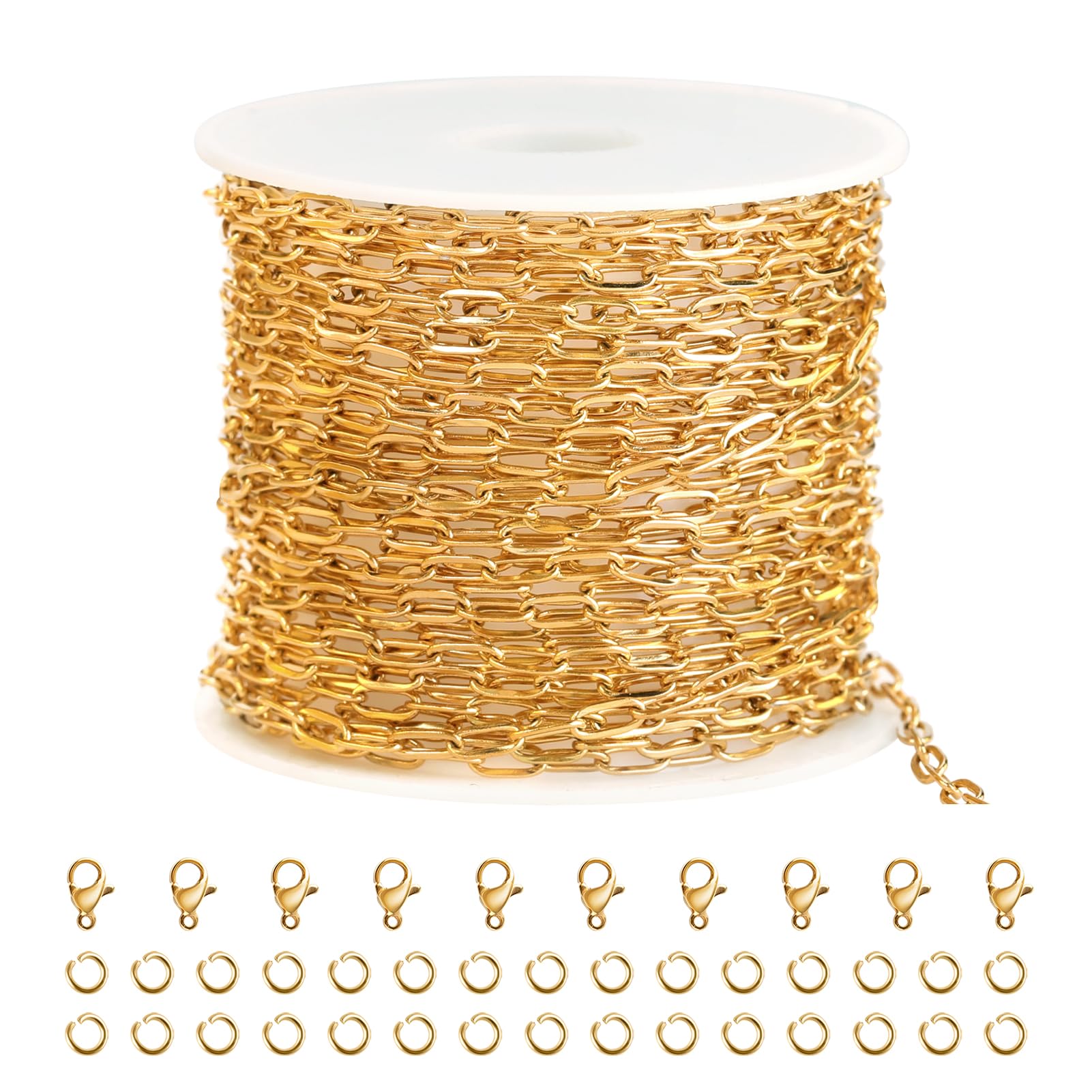 SMYHTGLIF 5 Meters Stainless Steel Paper Clip Chain for Jewelry Making Gold Cable DIY Craft Jewelry Making Chains Bulk with Lobster Clasps and Open