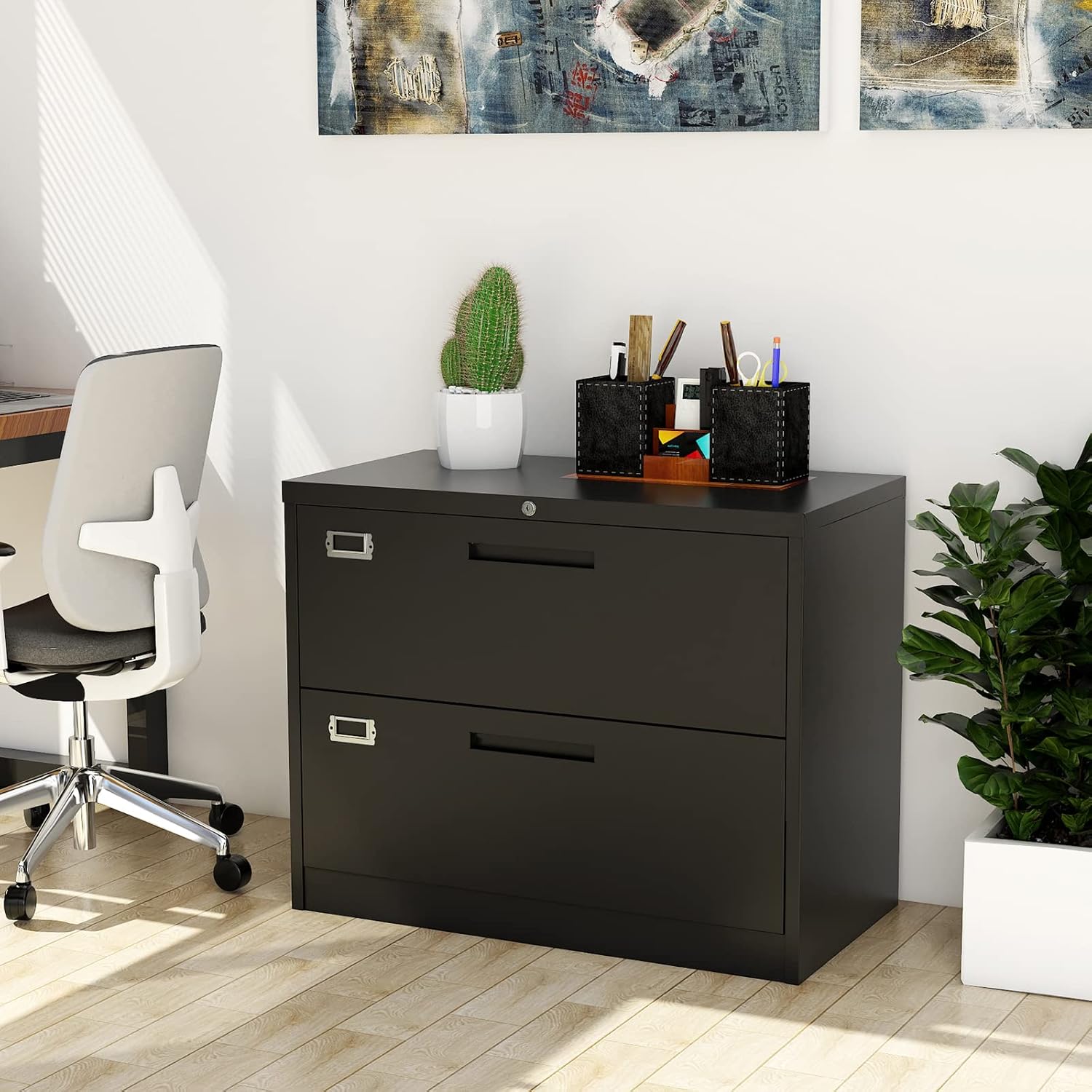 Black and Gray Metal 2-Drawer Lockable Lateral File Cabinet