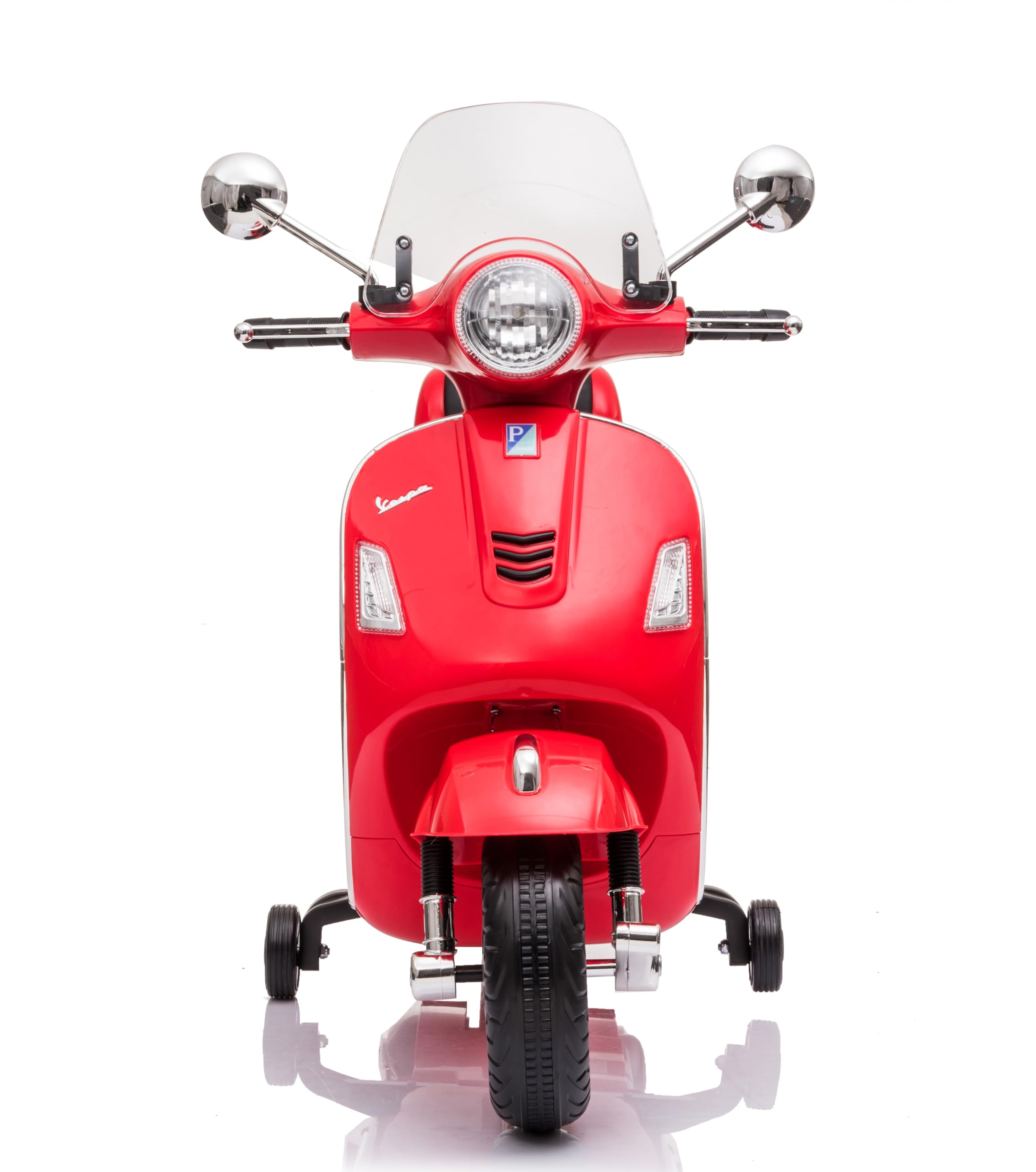 Mondial Toys Moto Elettrica per Bambini 12V con Licenza Ufficiale Vespa Piaggio – Modello GTS Super, Luci LED, MP3, Sedile in Pelle, Bauletto – Rosso