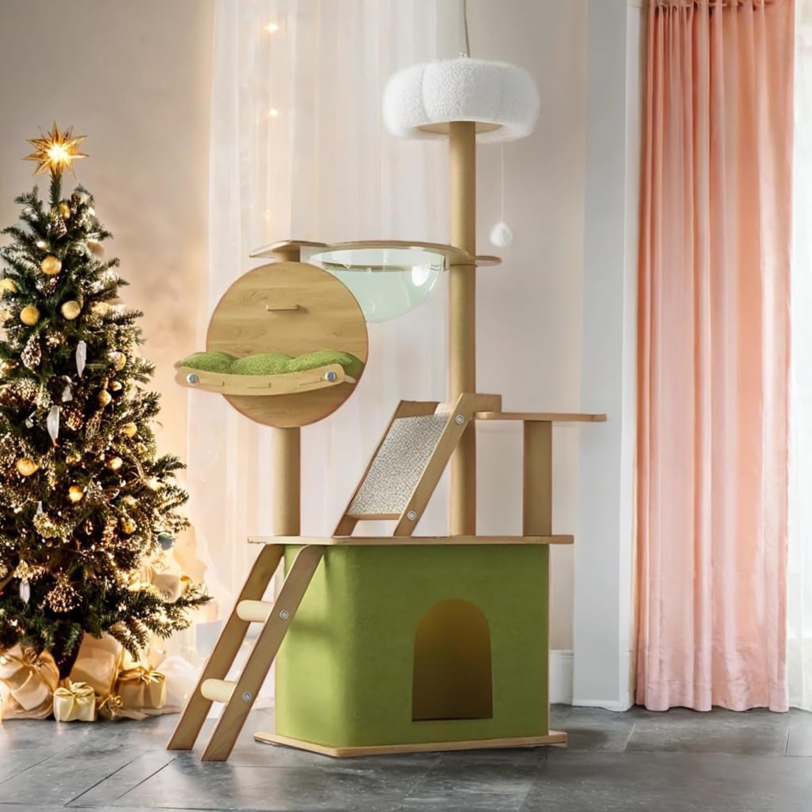 MEKIDULU Albero per Gatti Alto 150 cm, 1Trasparente Veicoli spaziali,1Piattaforma di peluche, 1Amaca per gatti, 1Castello per, 1Tiragraffi per gatti cartone（Verde/Legno）