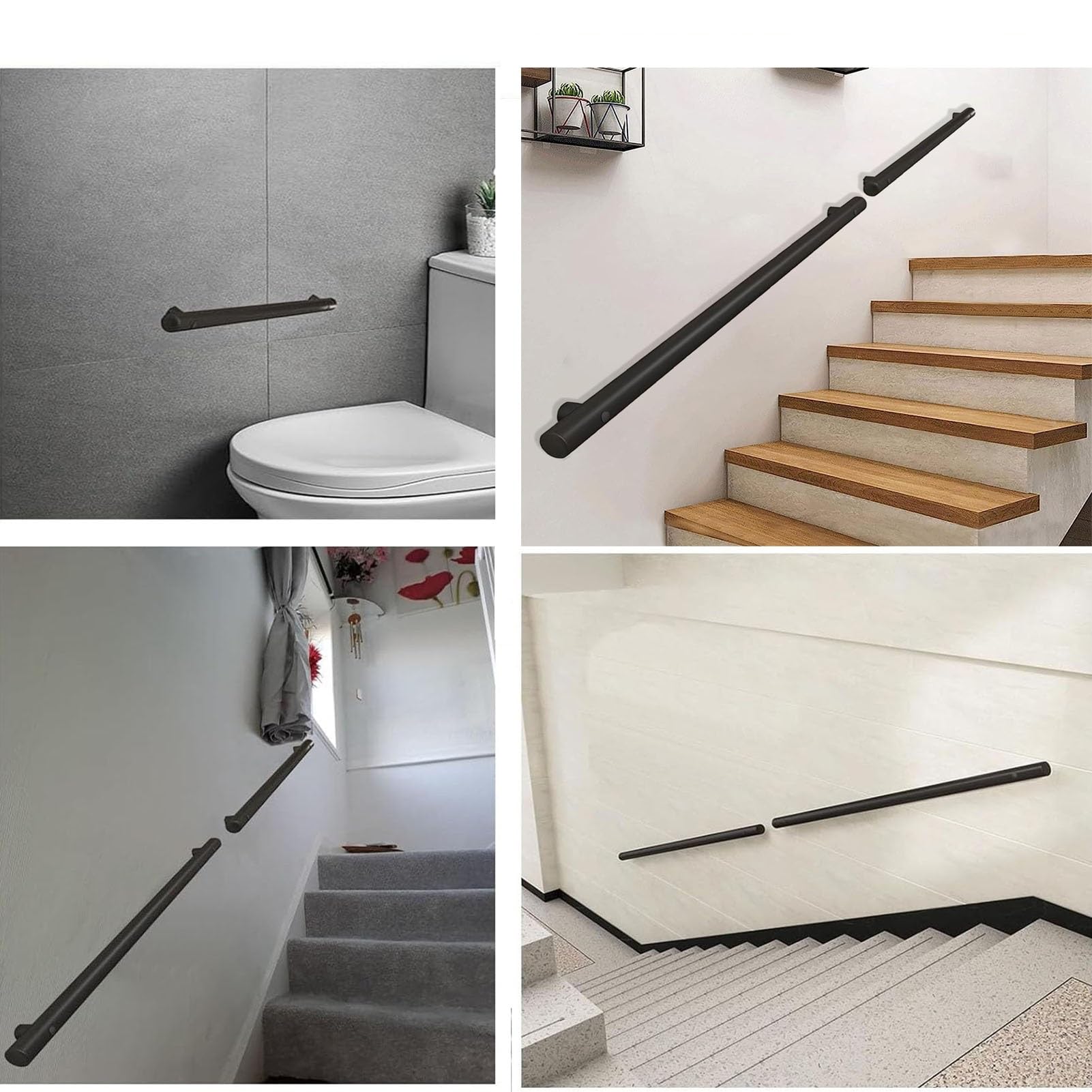Barandillas de metal negro antideslizantes para escaleras de interior/exterior, barandilla segura para personas mayores y niños, 400 cm (13.1 pies) barra de seguridad montada en la pared