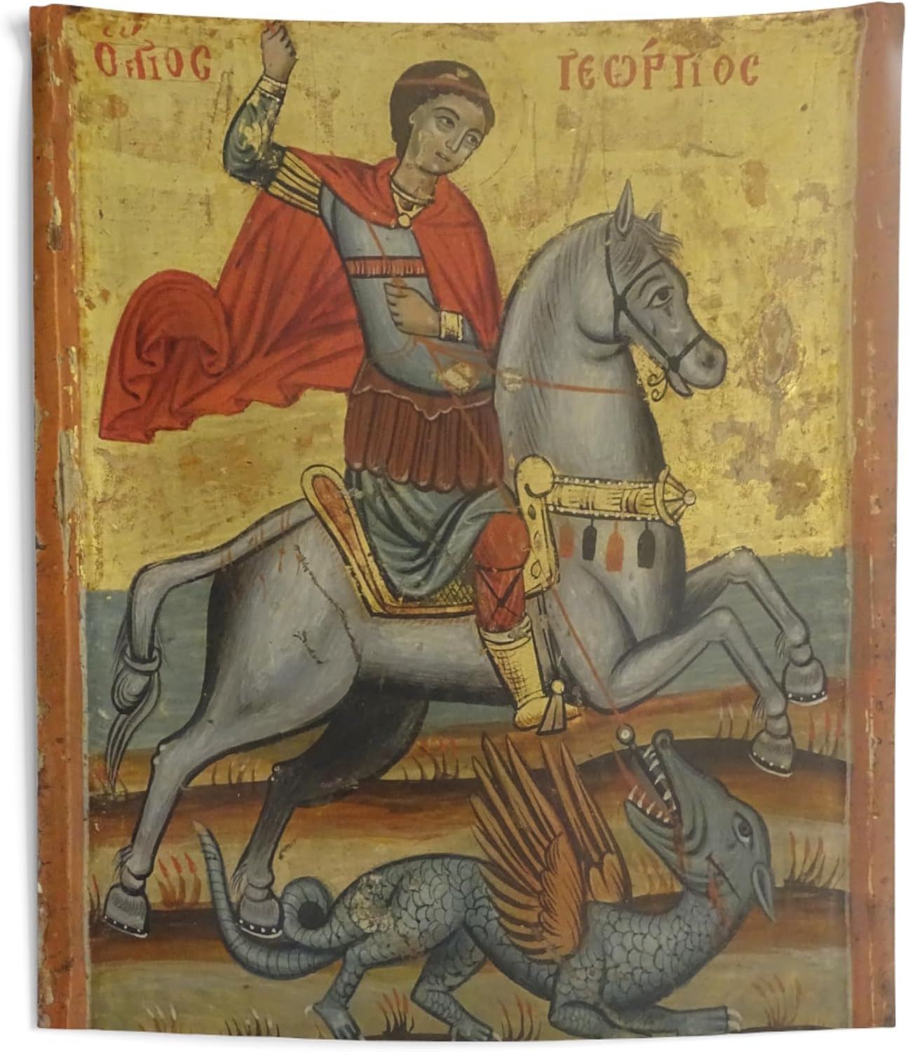 Saint George and the Dragon Tapestry - Byzantine Icon - Orthodox Christian Art - Historic Home Decor - Religious Wall Hanging