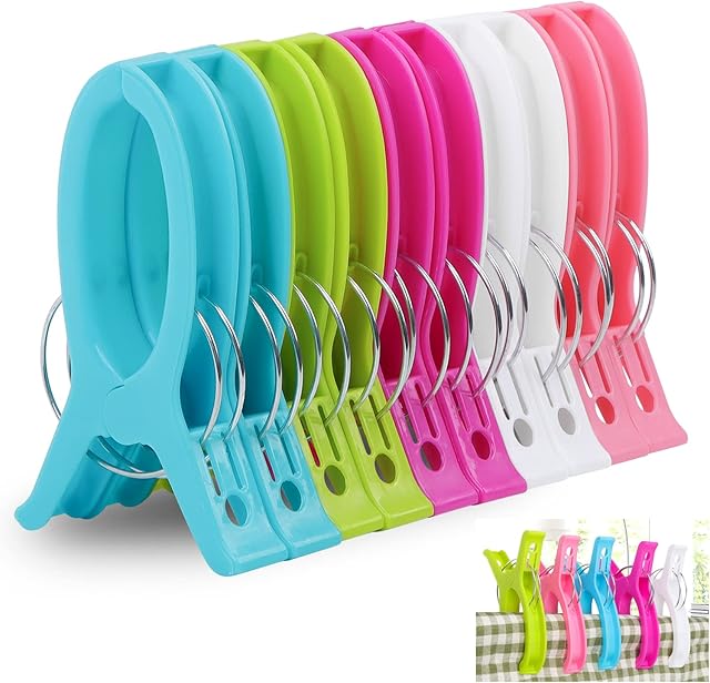 WOWOSS 10Pcs Large Beach Towel Peg for Sun Loungers Strong Windproof Beach Towel Clips with Assorted of Colour, Plastic Beach Towel Pegs Clamps for Sunbed, Clothes