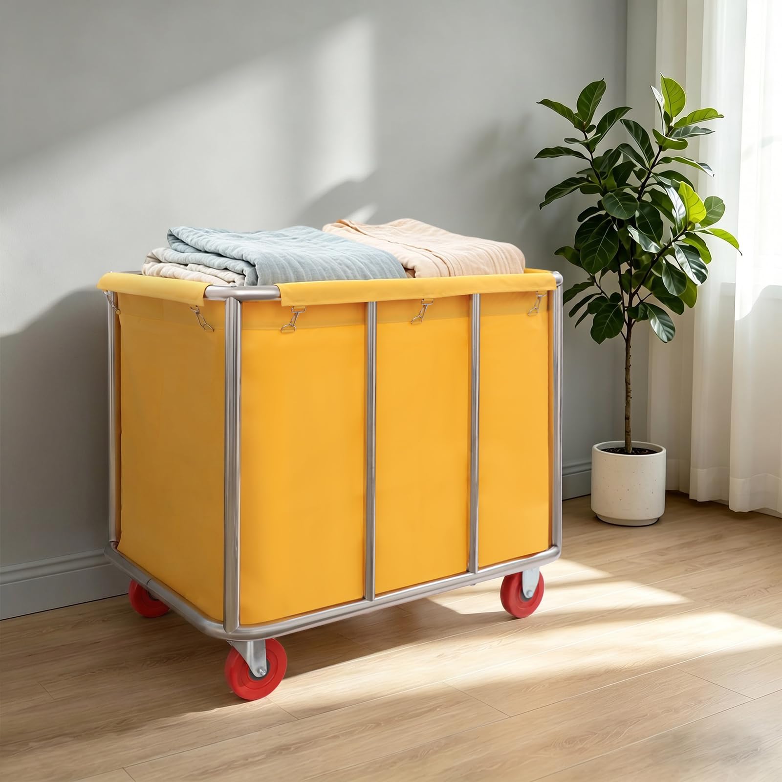 Carrello per biancheria professionale hotel, cesto per biancheria con ruote, grande capacità, carrello biancheria industriale inox, comodi ganci, facile da spostare, casa ospedale, 90x65x80cm, giallo