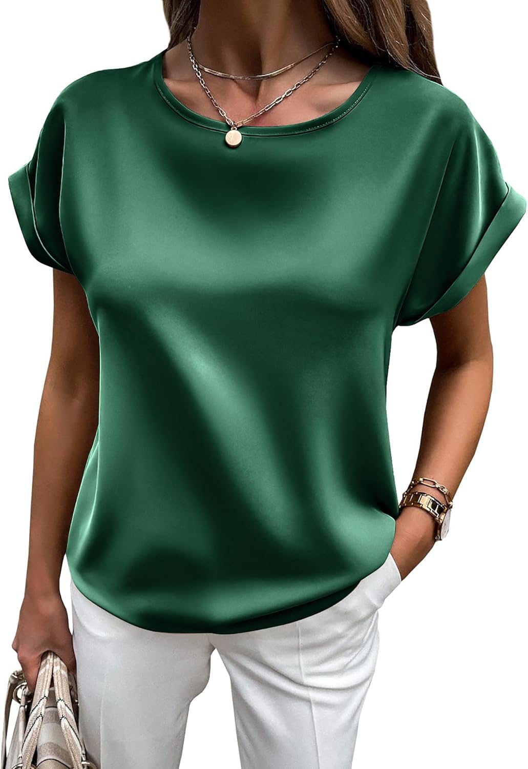 HOTOUCH Women's Short Sleeve Pullover Blouses Satin Silk Shirts Casual Loose Work Tunic Tops