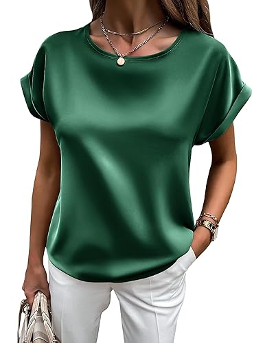 HOTOUCH Women's Short Sleeve Pullover Blouses Satin Silk Shirts Casual
