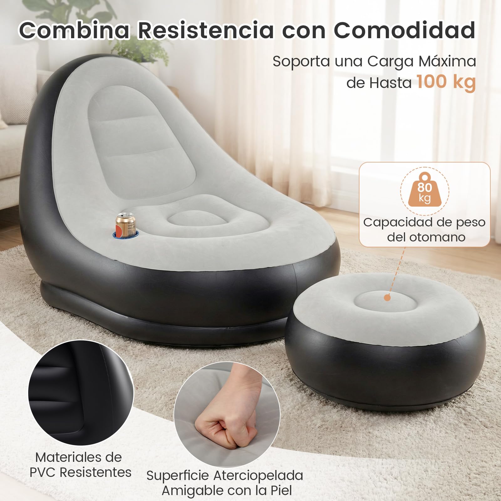 COSTWAY Conjunto Sofás Hinchables, 1 Sofá de 2 Plazas + 1 Sofá con Otomana, Sofás Portátiles para Adultos con Superficie Flocada, Sillones Inflables para Exterior Interior Camping Viajes,Sin Bomba
