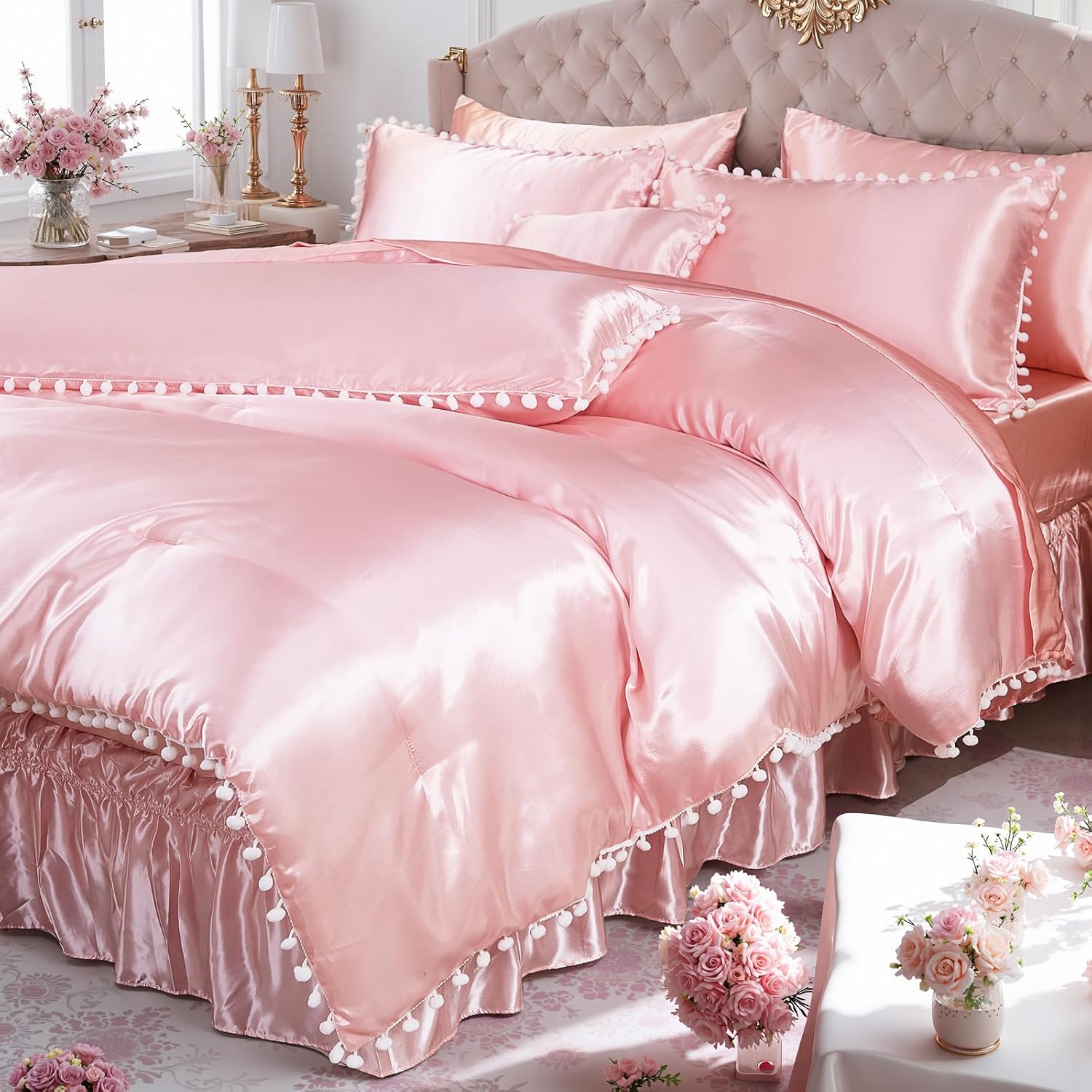 Bedorm Pink Satin Comforter Set 10 Pcs Silk Like Silky Bedding Set King Size White Pom Pom Aesthetic Comforter Queen Bed in A Bag with Comforter & Sheet Set & Pillowcase & Bed Skirt