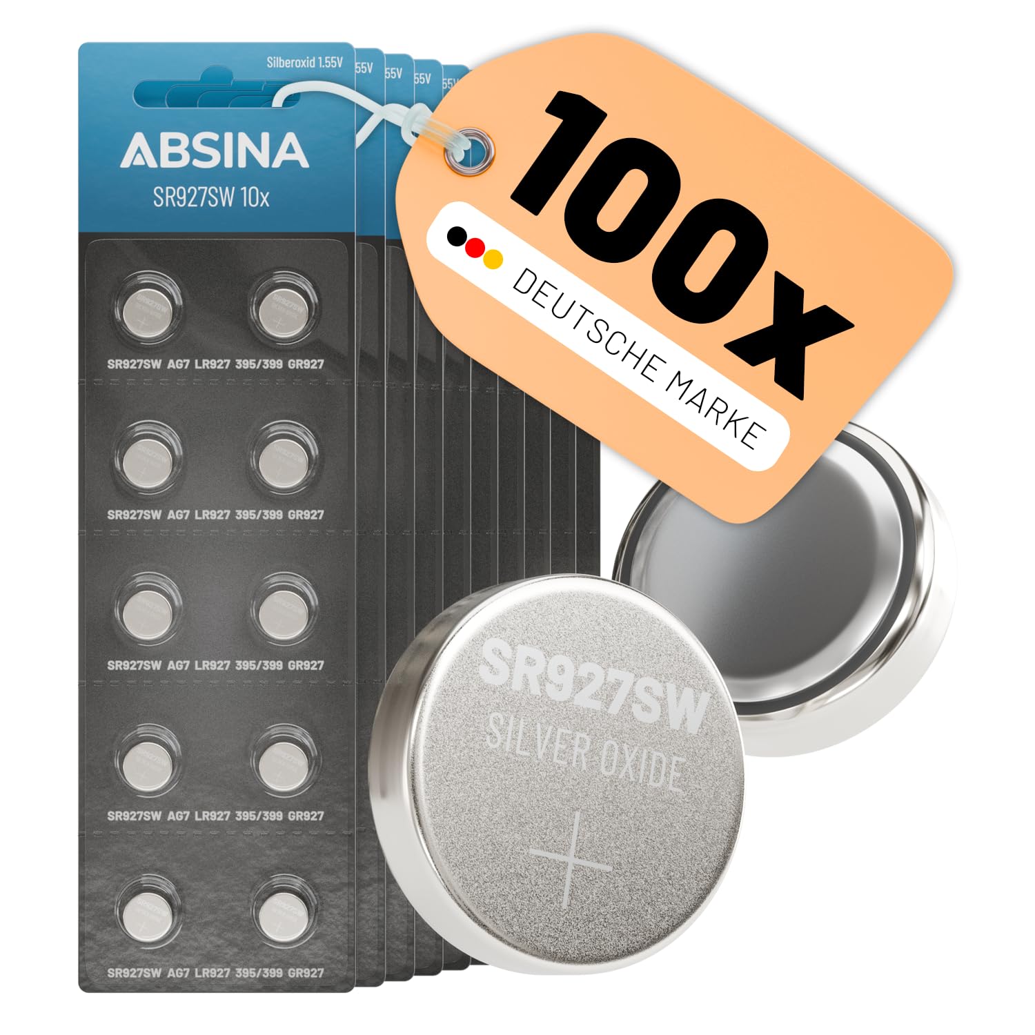 ABSINA Zestaw 100 sztuk SR927SW bateria do zegarka 1,55 V tlenek srebra - 395 399 AG7 LR927