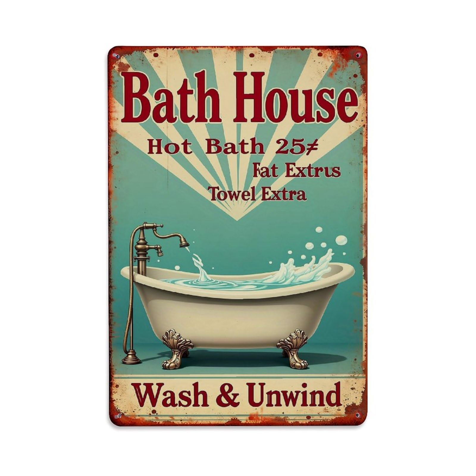 Vintage Bath House Sign Retro Metal Tin Sign, Vintage Decor Art Poster for Bar, Home, Man Cave, Kitchen, Laundry Room Gift 8x12Inch