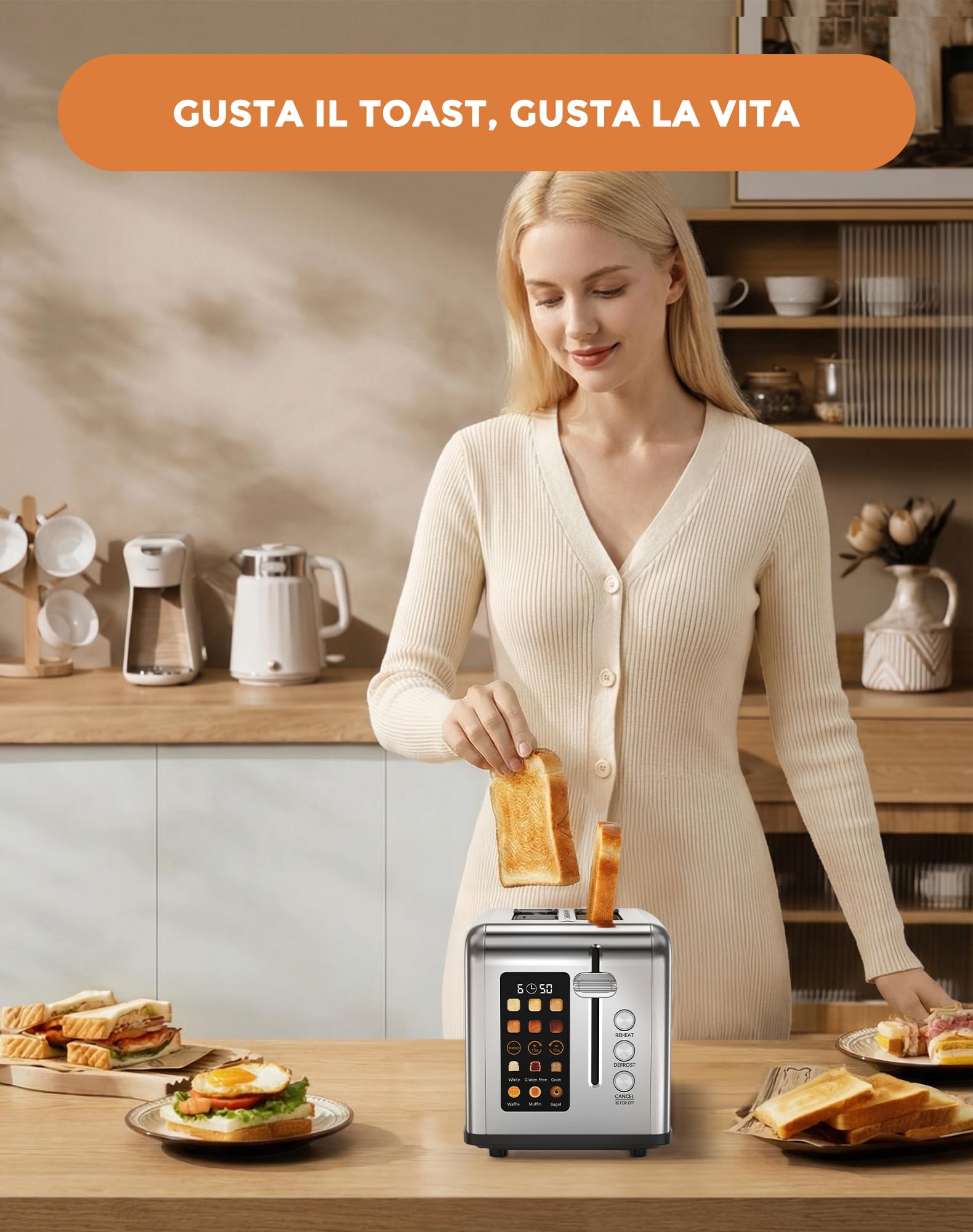 Tostapane 2 Fette, Tostapane per Toast Farciti 880W, LED Touchscreen, 6 Livelli di Tostatura, 6 Programmi per il Pane, Funzioni Riscaldamento/Scongelamento/Stop, Acciaio Inox ﻿ (Argento-01)