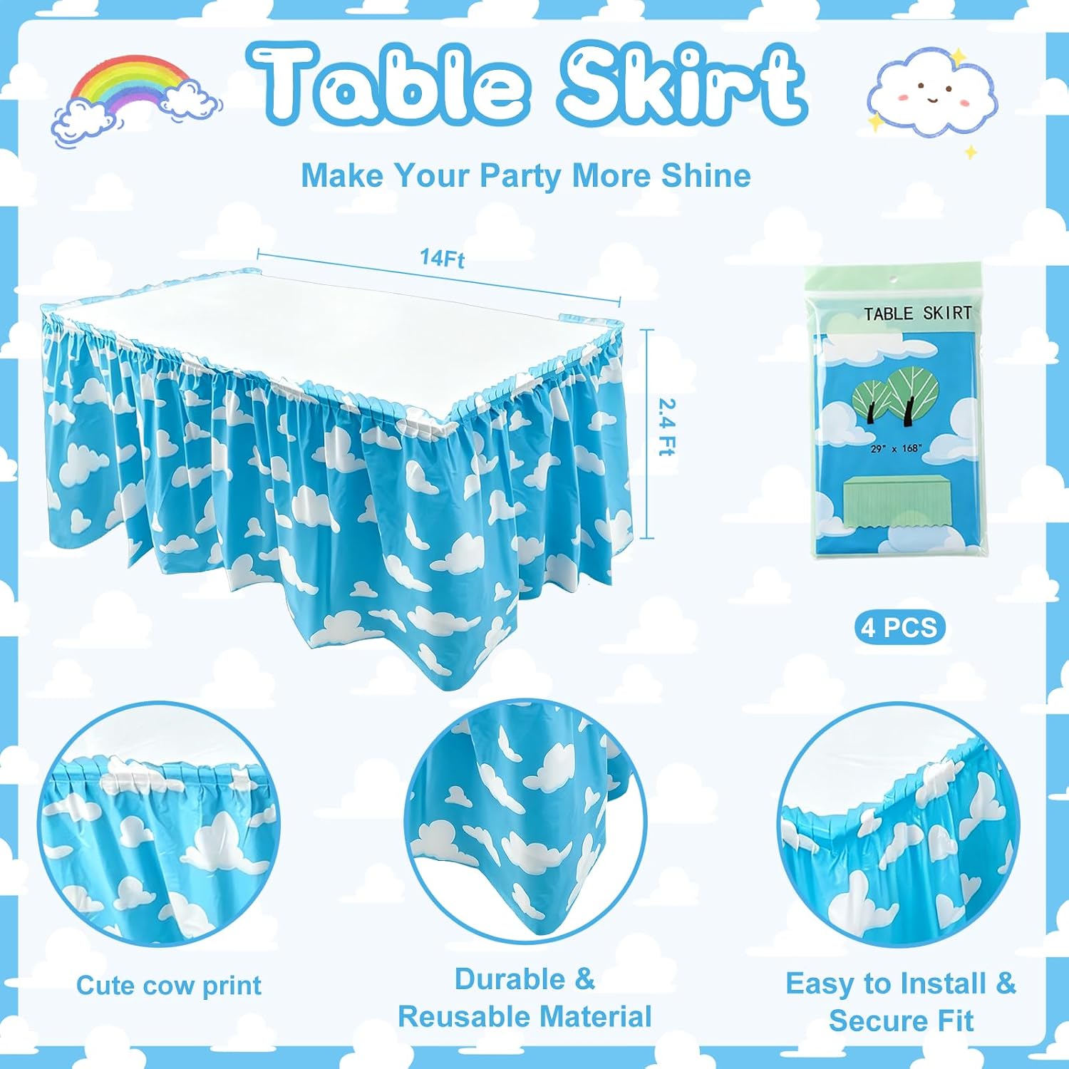 Cartoon Blue Sky White Clouds Table Skirts, Disposable Plastic 2.4 x 14.3ft Cartoon Theme Decorations for Dinner Table Kitchen, Shower Birthday Party Decorations Supplies(4 Pack)