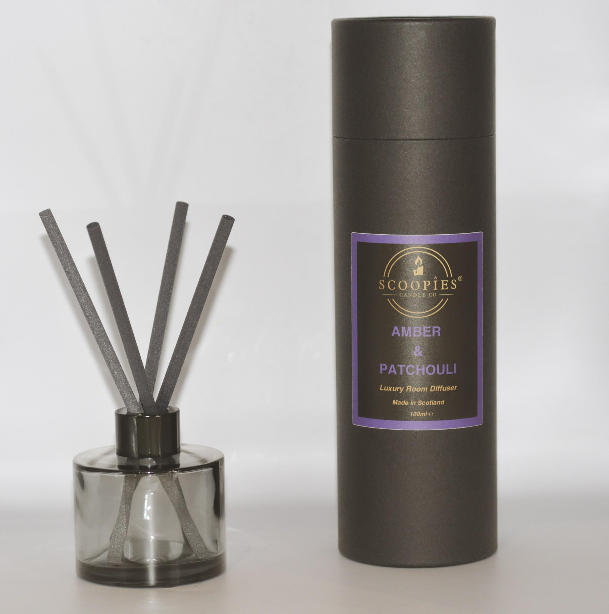 Scoopies Candle Co Luxury Scented Reed Room Diffuser, 100ml, Handmade in Scotland, Vegan (AMBER & PATCHOULI)
