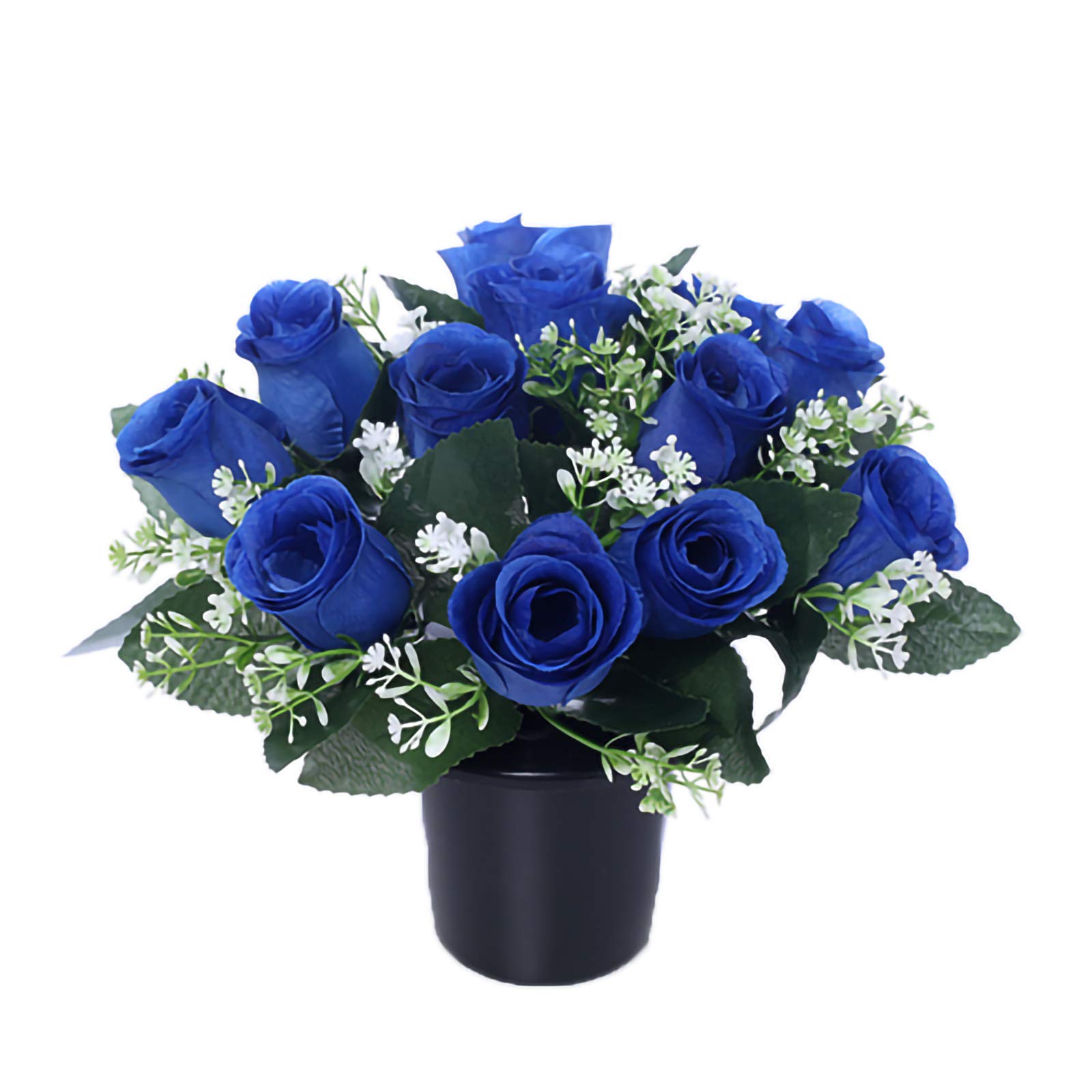 SFS Artificial Flowers For Graves | 12 Blue Roses in Flower Pots | Ideal For Cemetery, Memorial, Home or Christmas Decorations | Funeral Flowers Cemetery Grave Flowers | New & Improved Design