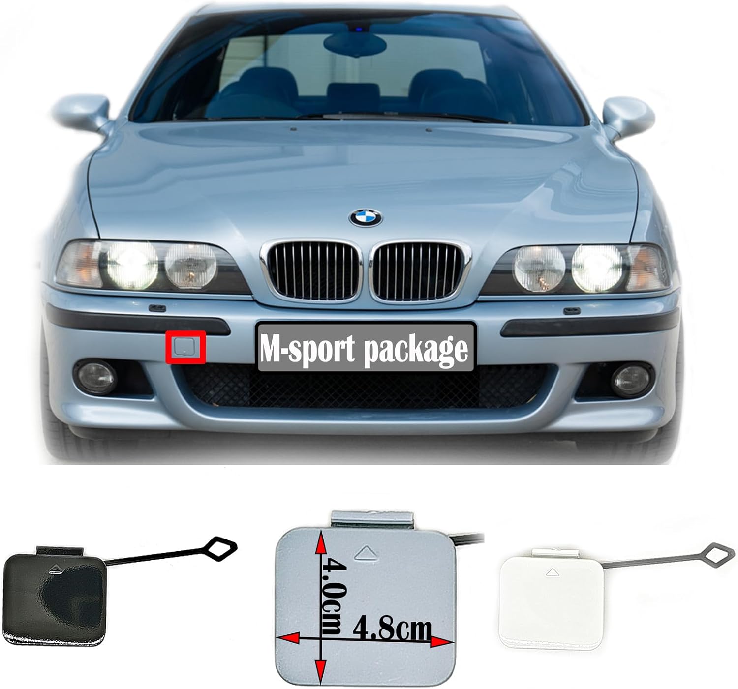 Front Tow Cover for 99-02 BMW 5 Series Msport E39 Fit M5 520d 520i 523i 525d 525i 525td 528i 530d 530i 535i 1999 2000 2001 2002 Bumper Towing Hook Eye Cap White