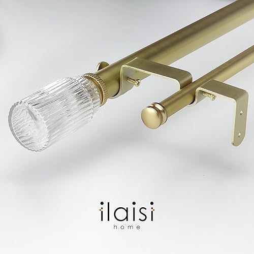 Miniatura 3 de ILAISIHOME Barras de cortina doradas de 1-18 pulgadas de diámetro con remate de vidrio acanalado, barras de cortina dobles telescópicas de 72-144