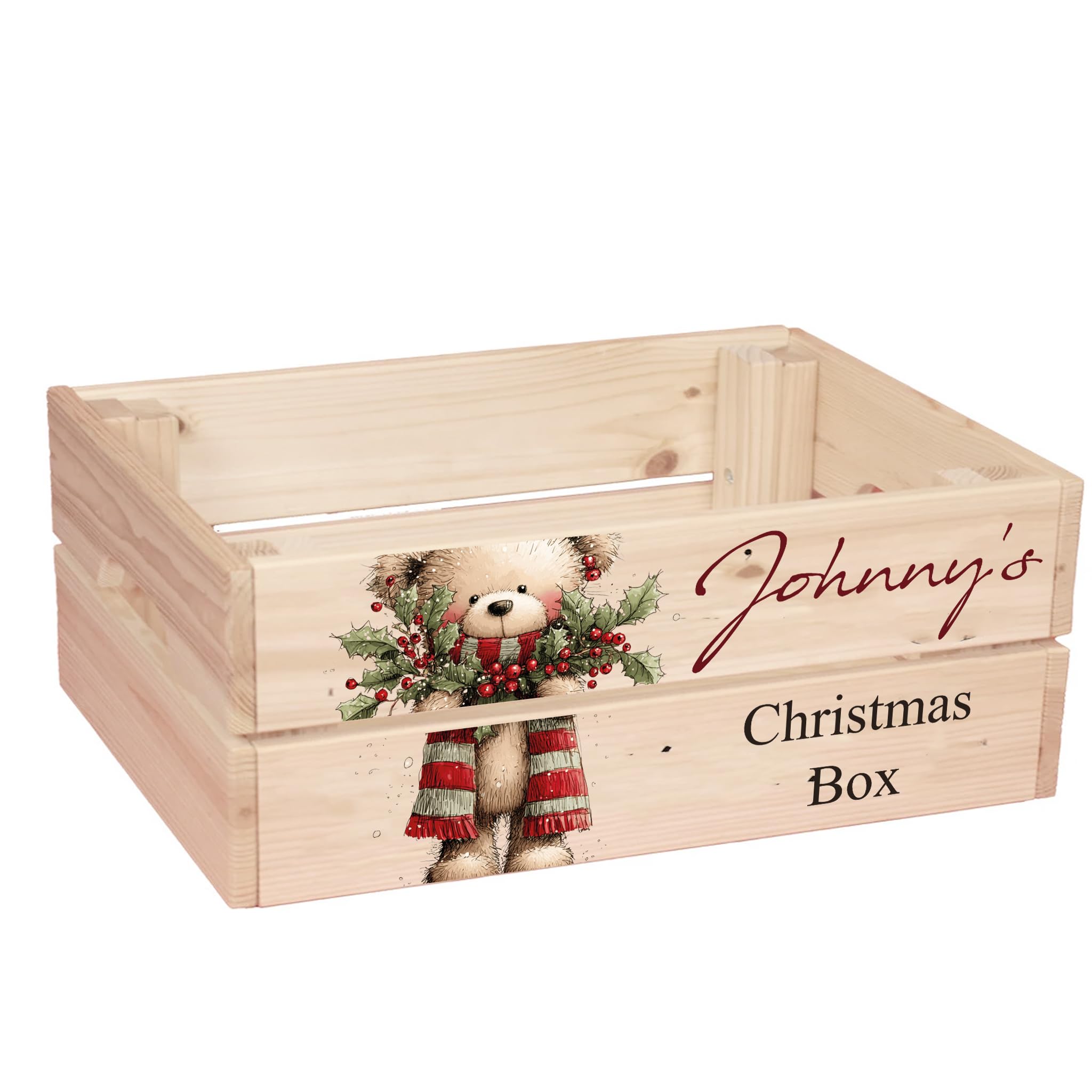 ukgiftstoreonline Personalised Christmas Eve Box with Santa, Trees, Reindeer, Snowman Designs, Wooden Storage Crate, 30.5 x 25 x 12 cm, Holiday Presentation Box with Side Handles (Teddy-5) โ image 1