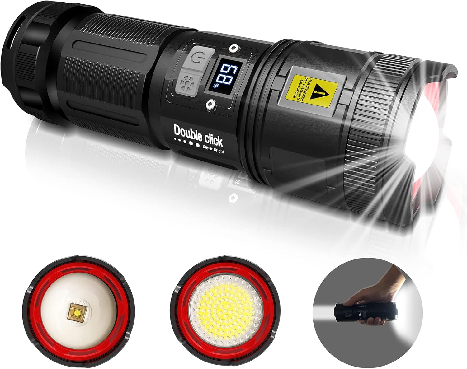 Dual Head Long Throw Flashlight 9000mAh, High Lumens, Rechargeable, Super Bright, Powerful, Heavy Duty Long Lasting Flash Light for Outdoor Activity & Emergency Use