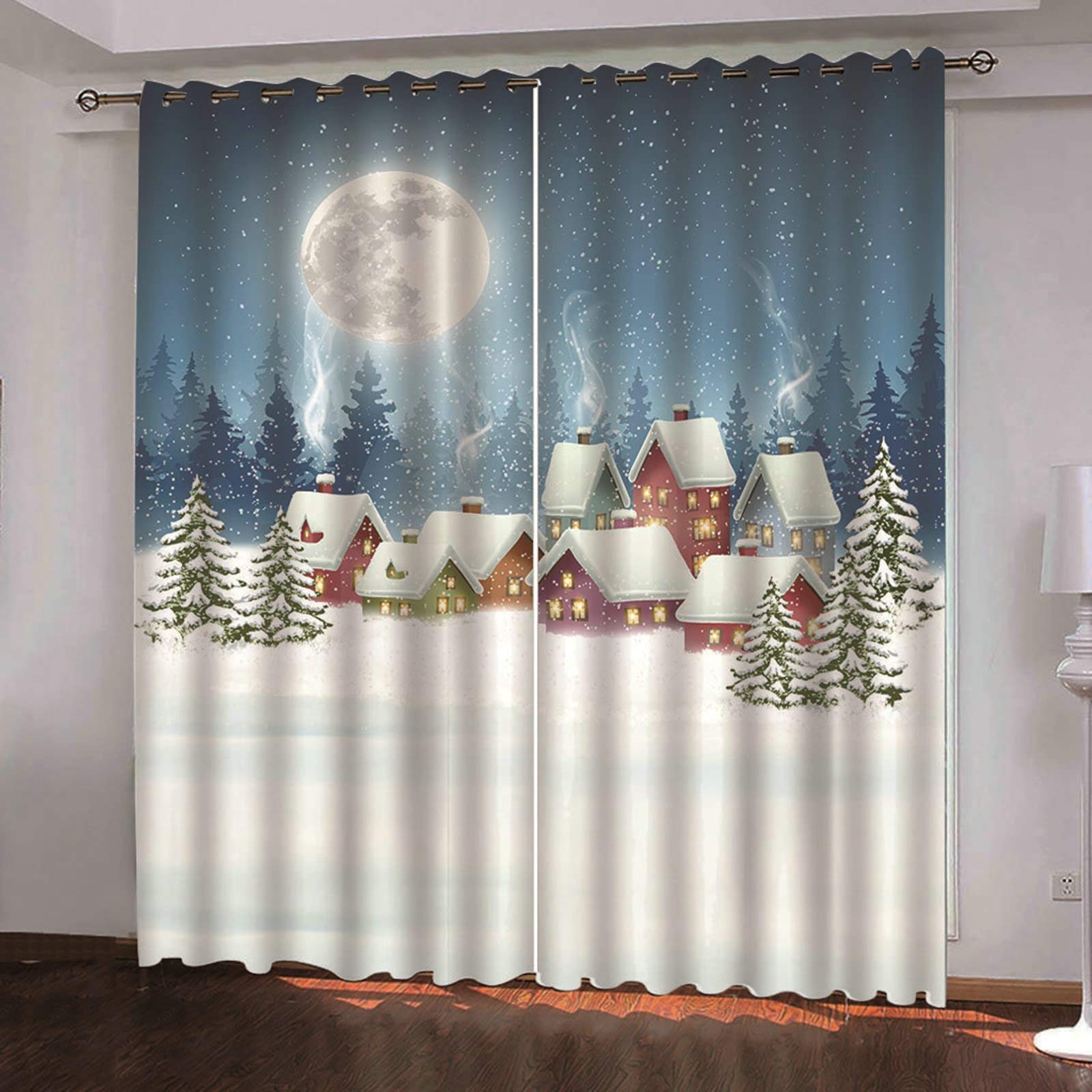 Aeici Zaciemniająca zasłona okienna 2 panele zasłony okienne do sypialni, domek na choince z księżycem szare zasłony świąteczne zestaw 264 x 137 cm