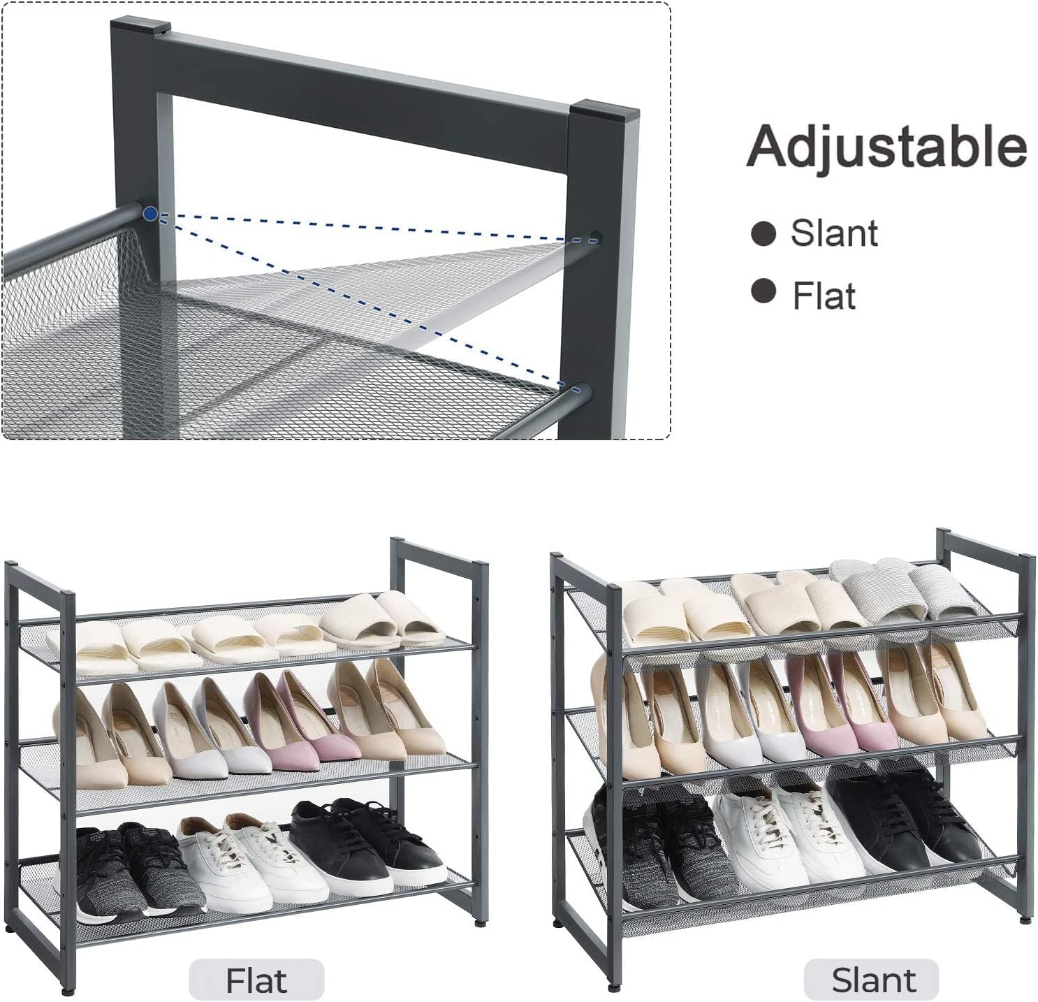 SONGMICS Shoe Rack, 3-Tier Shoe Organizer, Metal Shoe Storage for Garage, Stackable Shoe Shelf, with Adjustable Flat or Angled Shelves, 9-12 Pairs, Charcoal Gray ULMR03GB