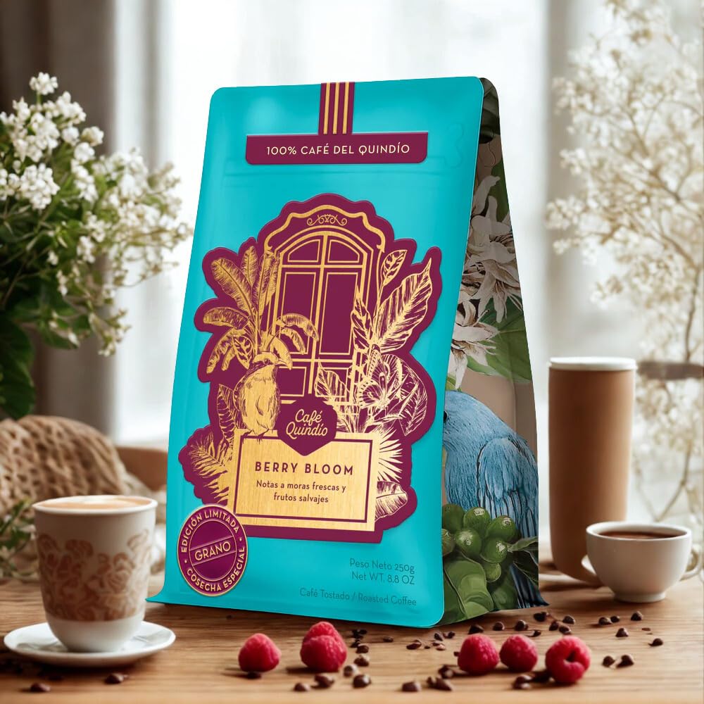 Café Quindío Cafe De Especialidad En Grano - 100% Arábica Colombia | Origen único, SCA 87, tueste medio, ideal para cafetera goteo, prensa francesa, Chemex o V60 (250 g, Berry Bloom)