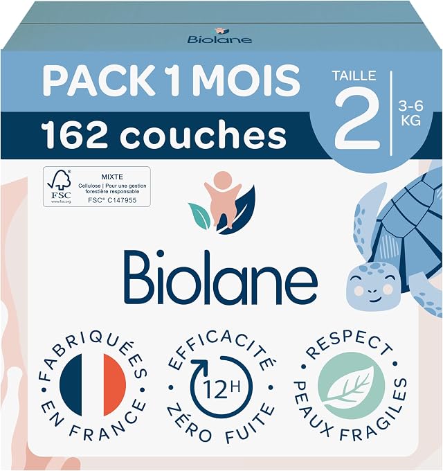 BIOLANE - Couches Bébé Taille 2 (3-6 kg) - Pack 1 Mois - 162 couches | Peaux Sensibles, Ultra-Absorbant, Jusqu'à 12h au Sec, Pas de Fuite, Fabriquées en France