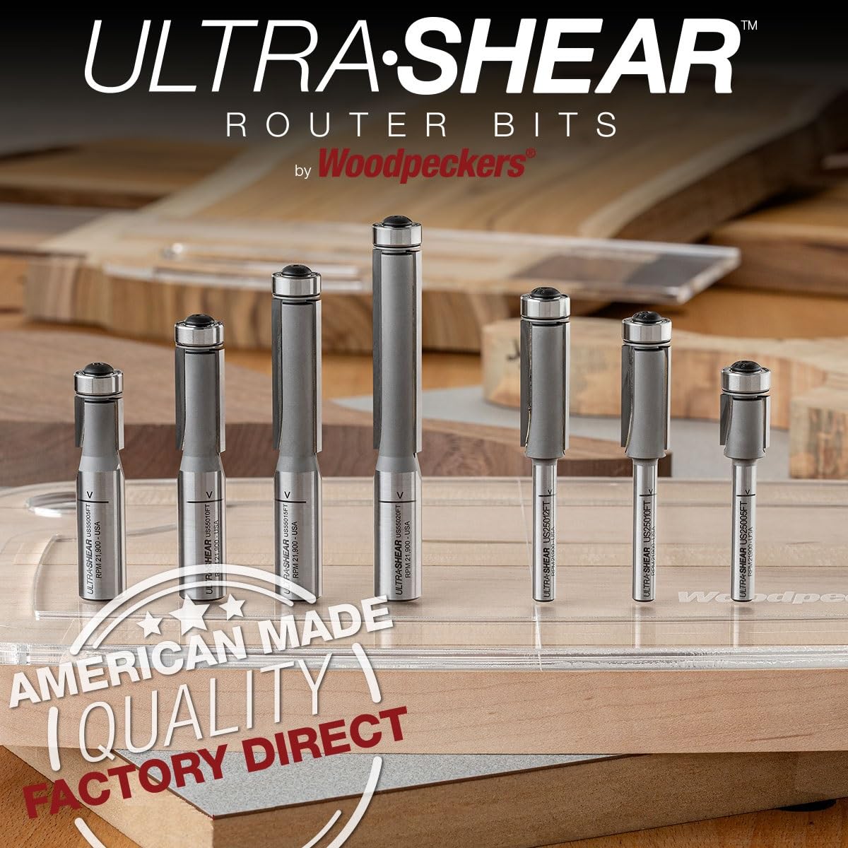 Flush Trim Router Bit, 1/4SH, 1/2CD, 1/2CL, Template Bearing for Pattern Routing, Carbide Tipped, USA Made - US25005FT