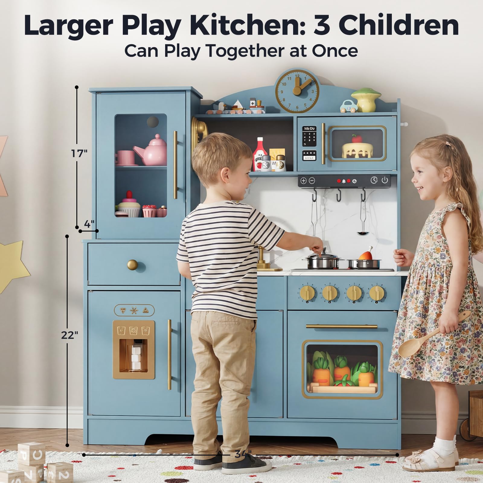 Cocina Juguete para Niños, Cocinita Infantil con Sonido Fogón Grifo Fregadero Microondas Reloj Máquina de Hielo y Accesorios de Cocina, Cocinita de Madera Infantil y 3 Años +, Educativo Imitación